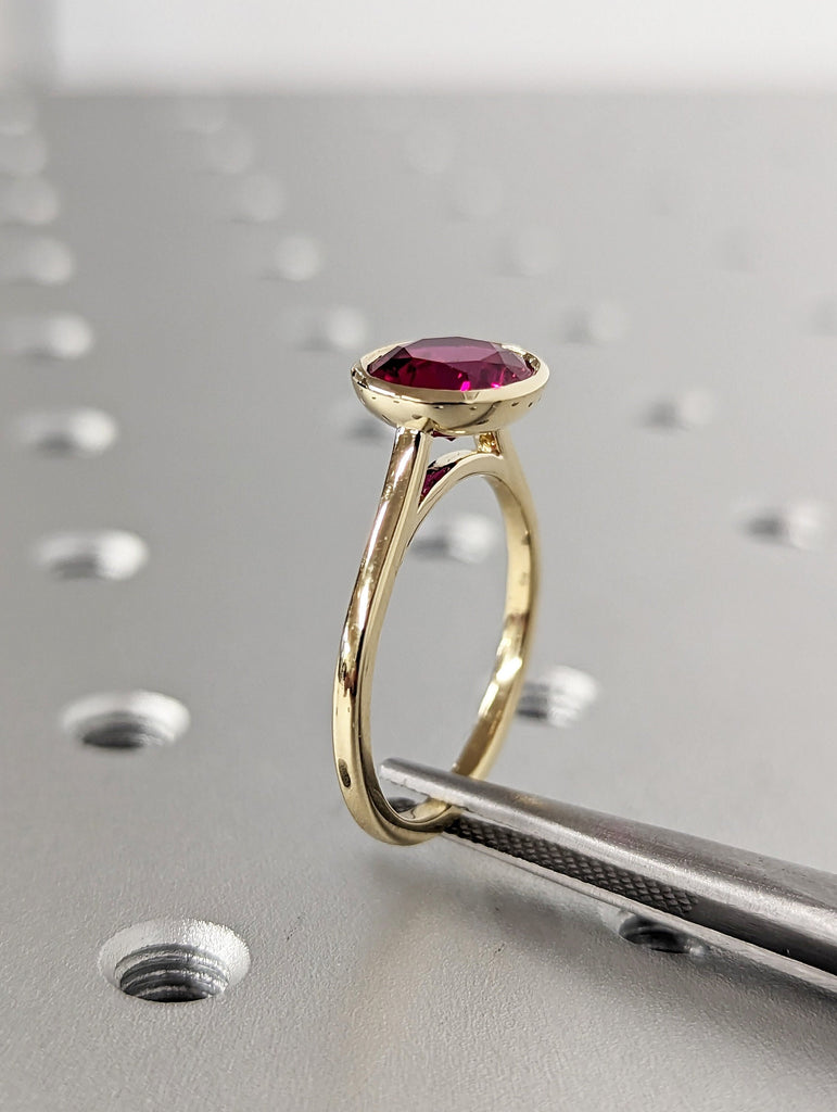 14k rose gold floating bezel ruby ring, ruby engagement ring, ruby solitaire ring, unique ruby ring, floating bezel, rounded band