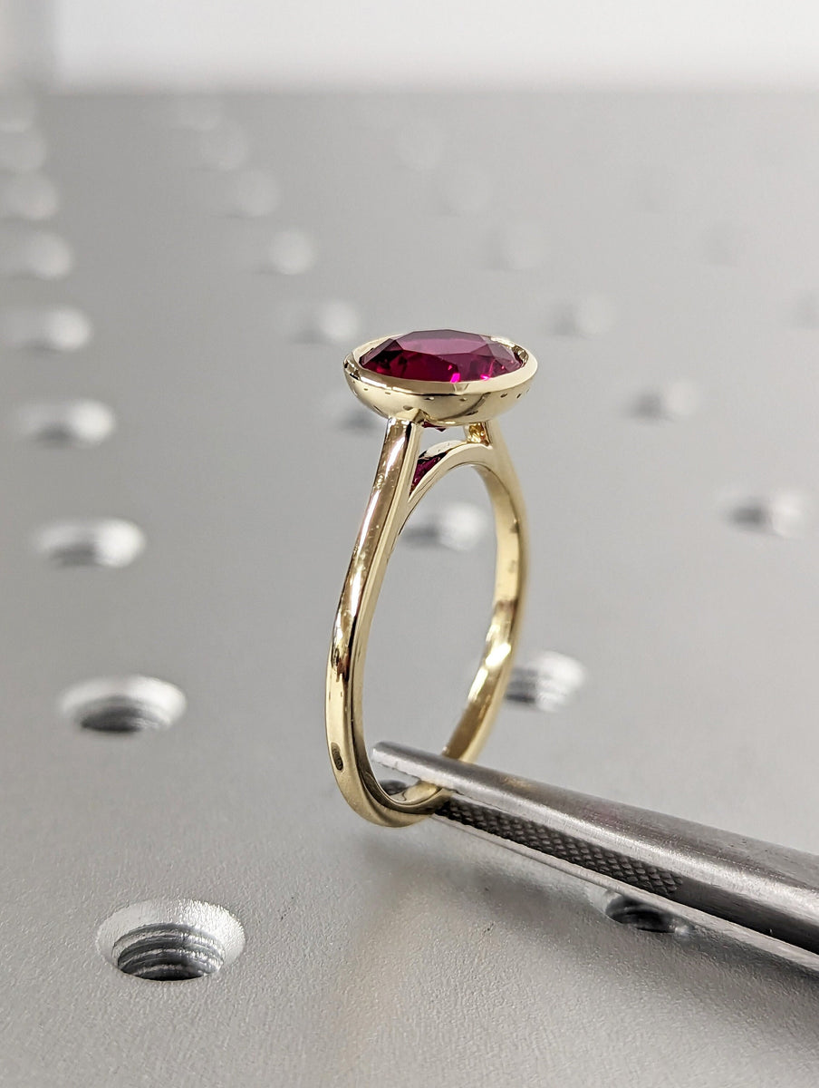 14k rose gold floating bezel ruby ring, ruby engagement ring, ruby sol ...