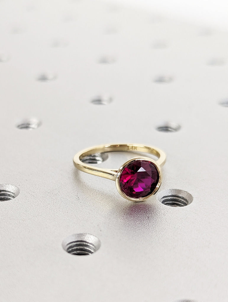 14k rose gold floating bezel ruby ring, ruby engagement ring, ruby solitaire ring, unique ruby ring, floating bezel, rounded band