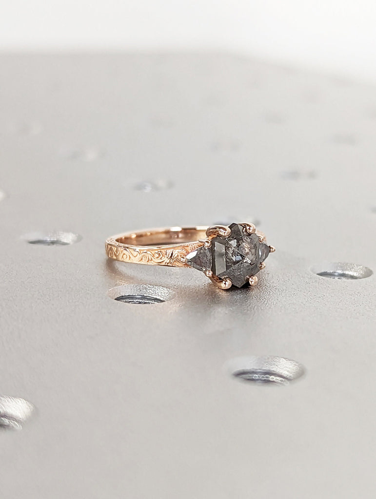 Hexagon Shape Icy Grey Salt and Pepper Engagement Ring, Diamond Cluster Wedding Ring, Unique Gray Diamond Bridal Ring, Vintage 14k Gold Ring