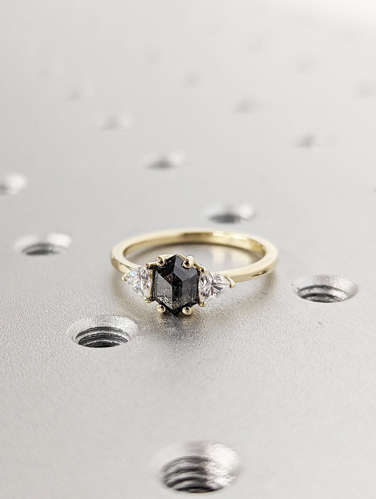 Raw Diamond Hexagon Triangle Diamond & Moissanite, Salt and Pepper, Unique Bridal Engagement Set, Rose Cut Geometric Diamond Ring