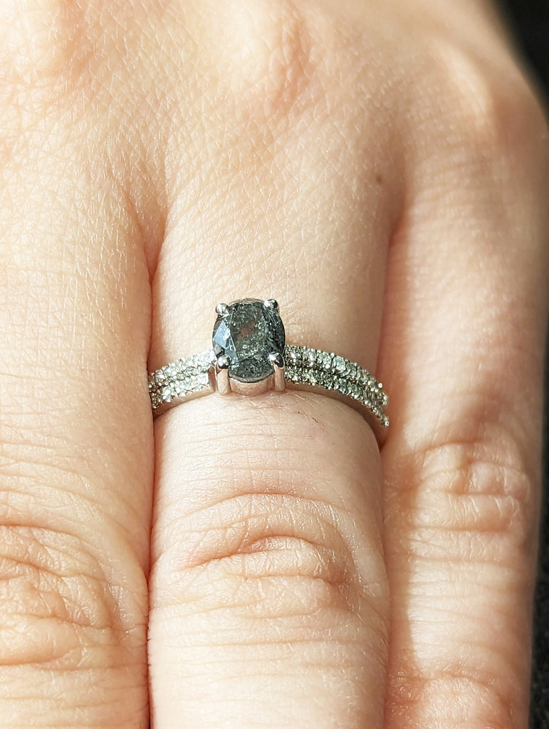 1920's Raw Salt and Pepper Diamond, Oval Diamond Ring, Unique Engagement Bridal Set, Black, Gray Oval, 14k Yellow, Rose, White or Black Gold