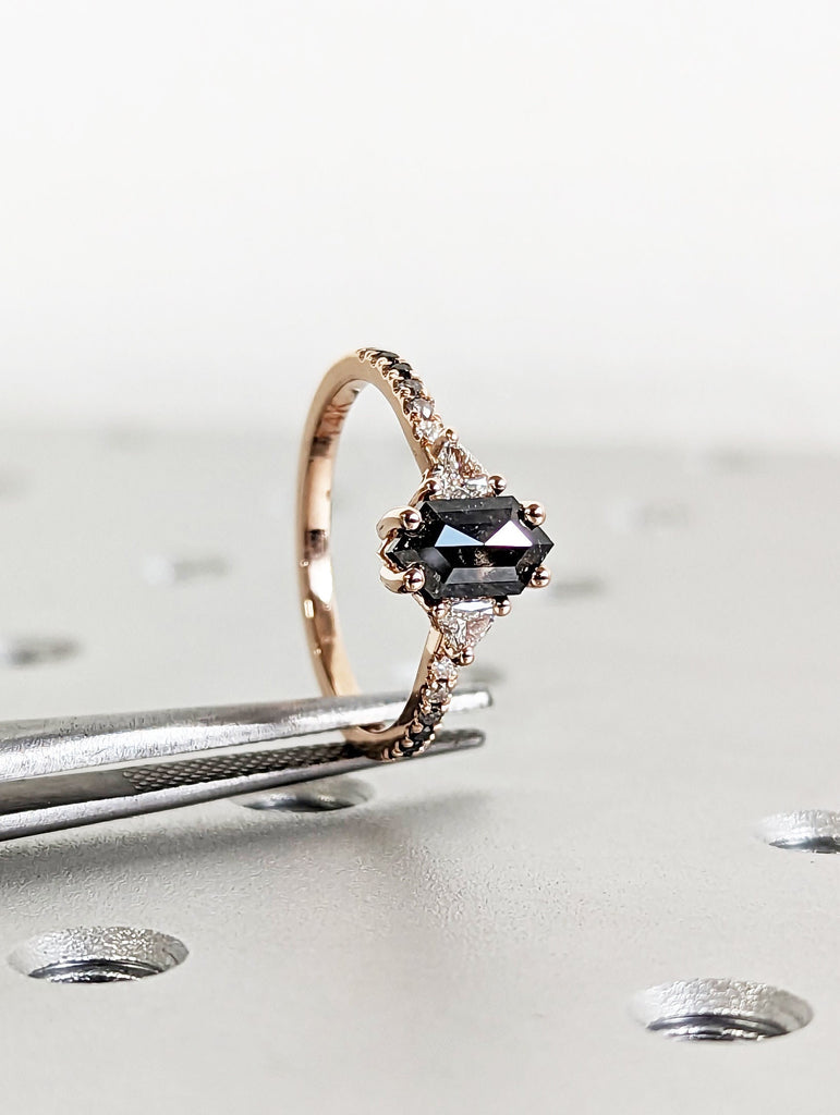 Raw Diamond Hexagon Triangle Diamond, Salt and Pepper, Unique Engagement Ring, Rose Cut Geometric Diamond Ring, 14k Gold, Custom Handmade