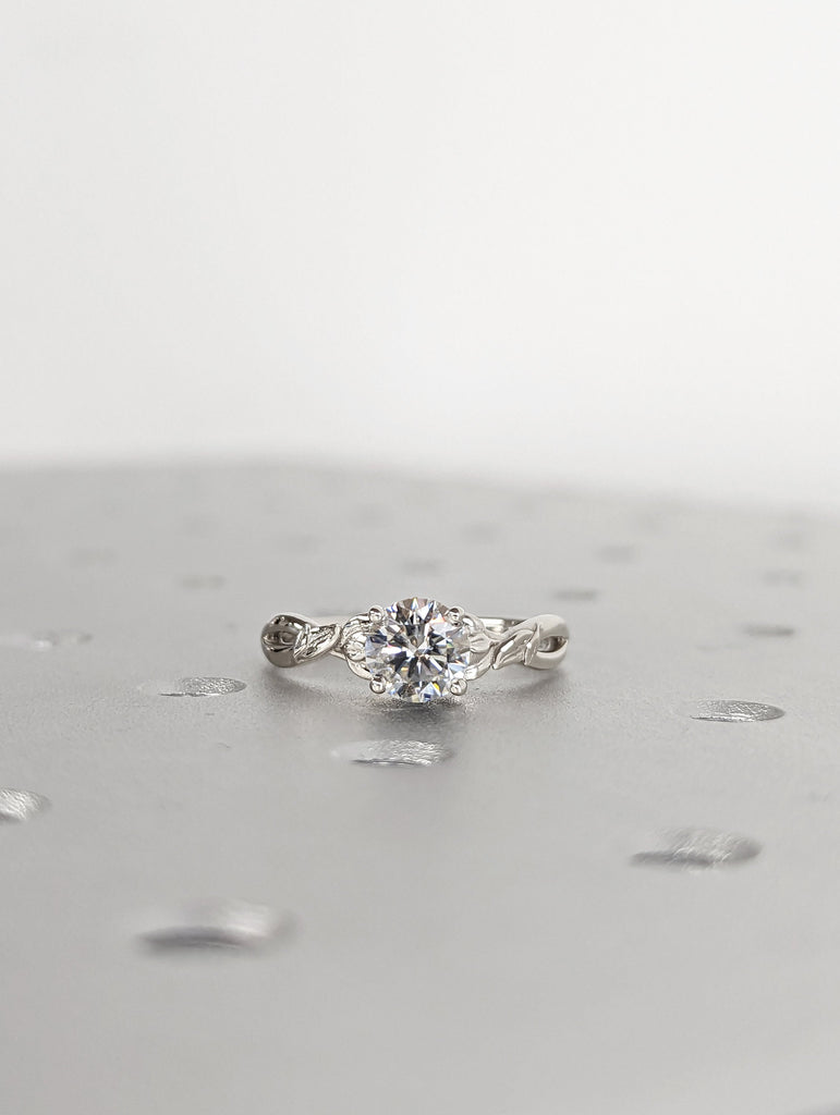 Vintage 1ct round moissanite engagement ring leaf 14k white gold ring branch twig Nature inspired engagement ring leaf Branch Twig Ring