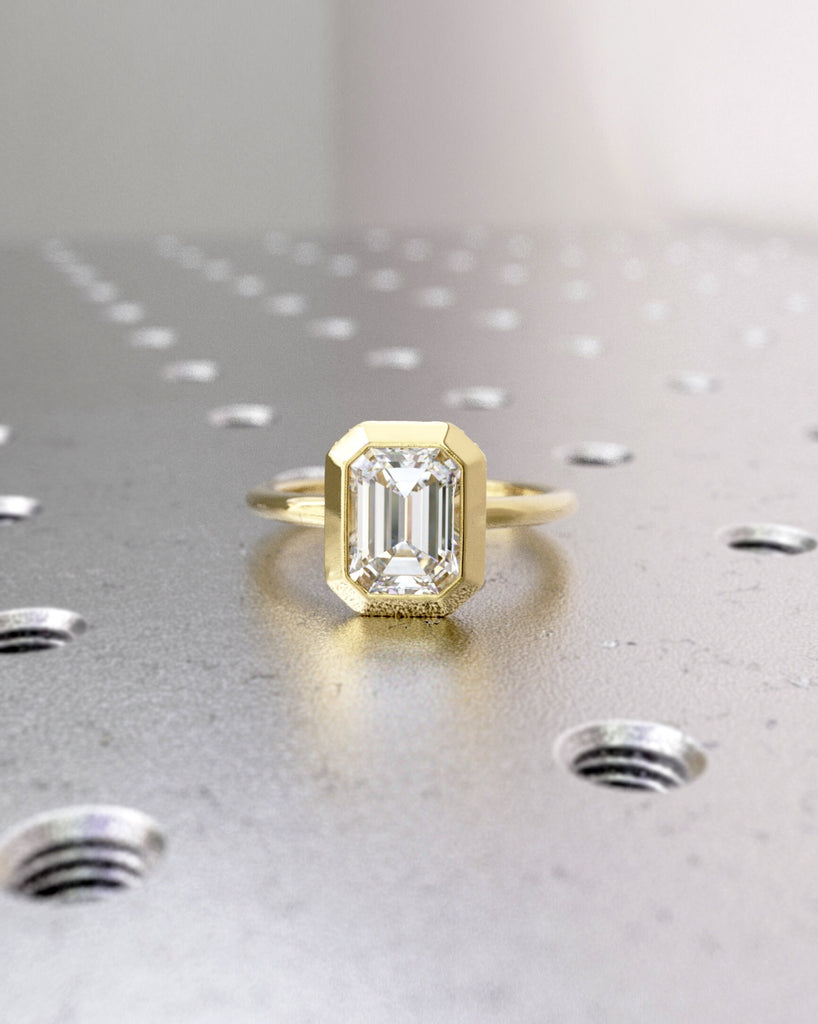 1.5CT Emerald Cut Moissanite Solitaire Ring, 14K Yellow Gold Ring, Chunky Bezel Setting, Hidden Halo Ring, Gift For Her