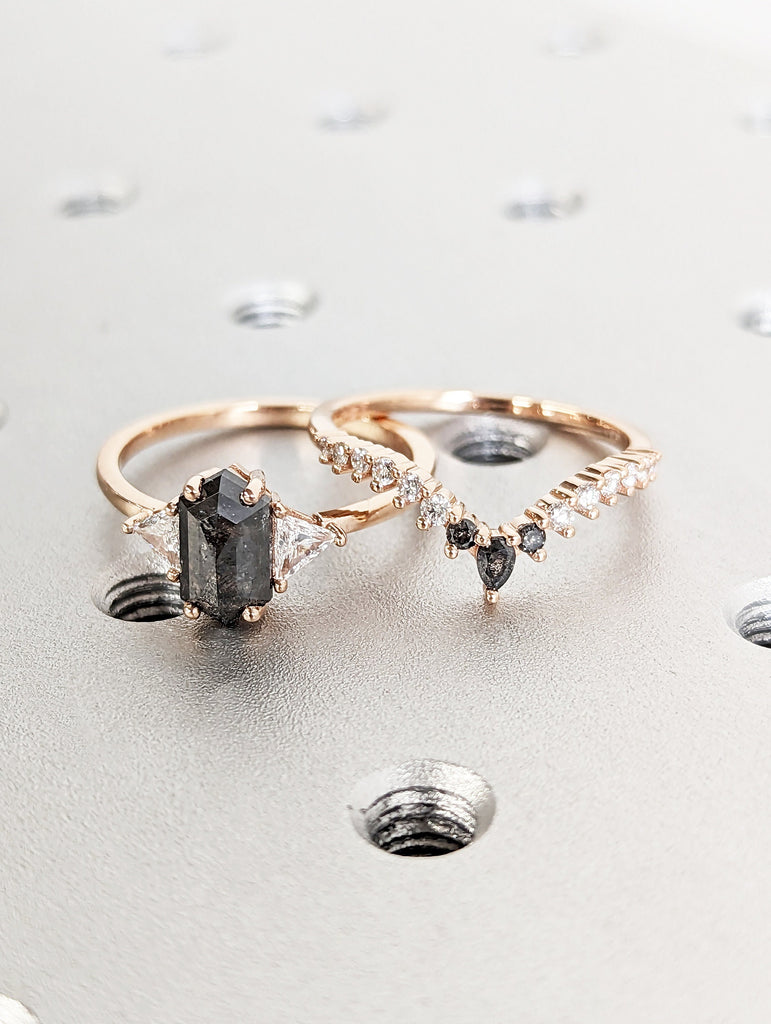 Raw Diamond Hexagon Triangle Diamond, Salt and Pepper, Plain Unique Bridal Engagement Set, Rose Cut Geometric Diamond Ring, Custom Handmade