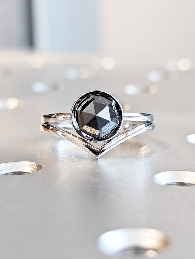 Galaxy Raw Salt and Pepper Diamond Ring- Rose Cut Diamond Engagement Ring Sets- Unique Bridal Geometric Diamond Promise Ring 14k White Gold