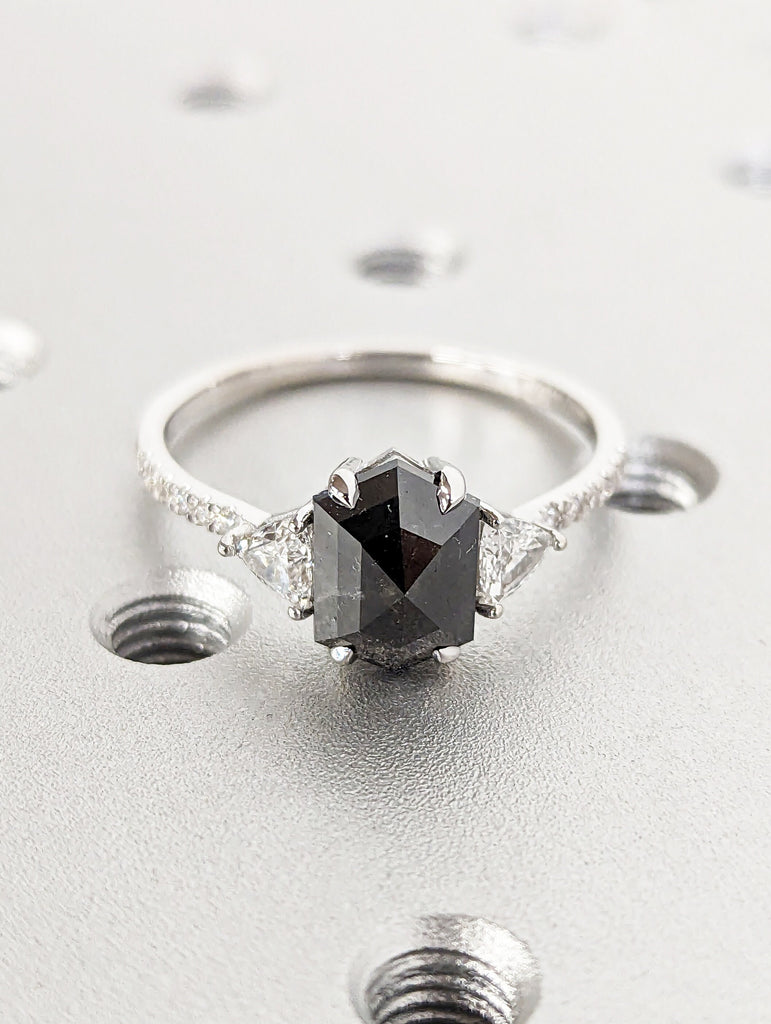 Galaxy Raw Diamond Hexagon Triangle Diamond, Salt and Pepper, Unique Bridal Engagement Set, Rose Cut Geometric Diamond Ring, 14k white gold