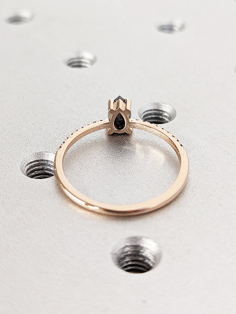1920's Raw Salt and Pepper Diamond, Pear Diamond Ring, Unique Engagement Bridal Set, Black, Gray Pear, 14k Yellow, Rose, Black or White Gold
