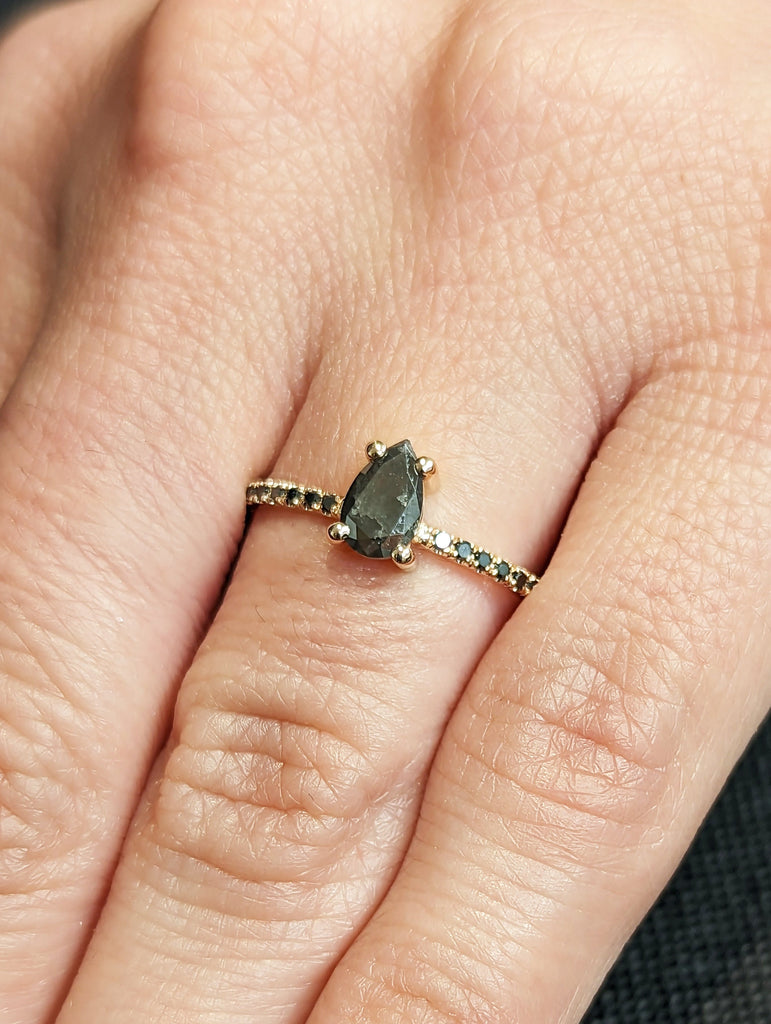 1920's Raw Salt and Pepper Diamond, Pear Diamond Ring, Unique Engagement Bridal Set, Black, Gray Pear, 14k Yellow, Rose, Black or White Gold