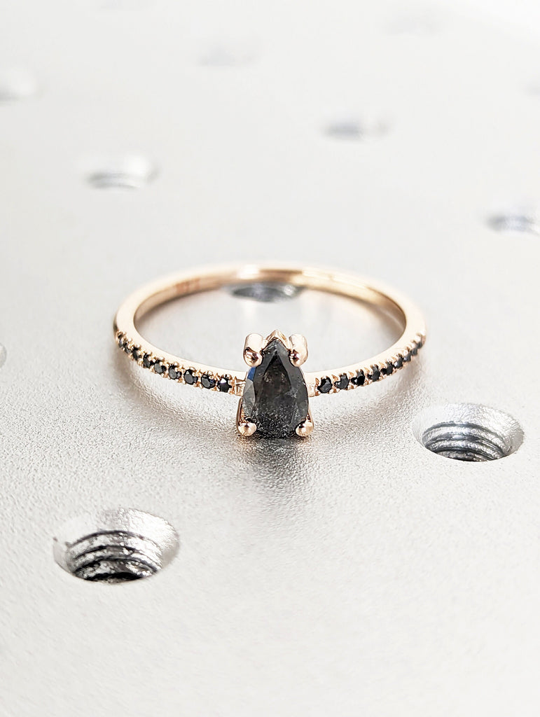 1920's Raw Salt and Pepper Diamond, Pear Diamond Ring, Unique Engagement Bridal Set, Black, Gray Pear, 14k Yellow, Rose, Black or White Gold