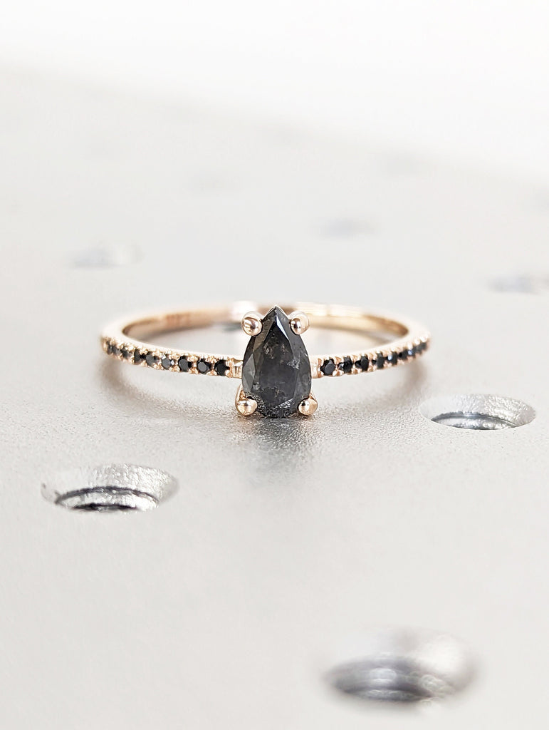 1920's Raw Salt and Pepper Diamond, Pear Diamond Ring, Unique Engagement Bridal Set, Black, Gray Pear, 14k Yellow, Rose, Black or White Gold