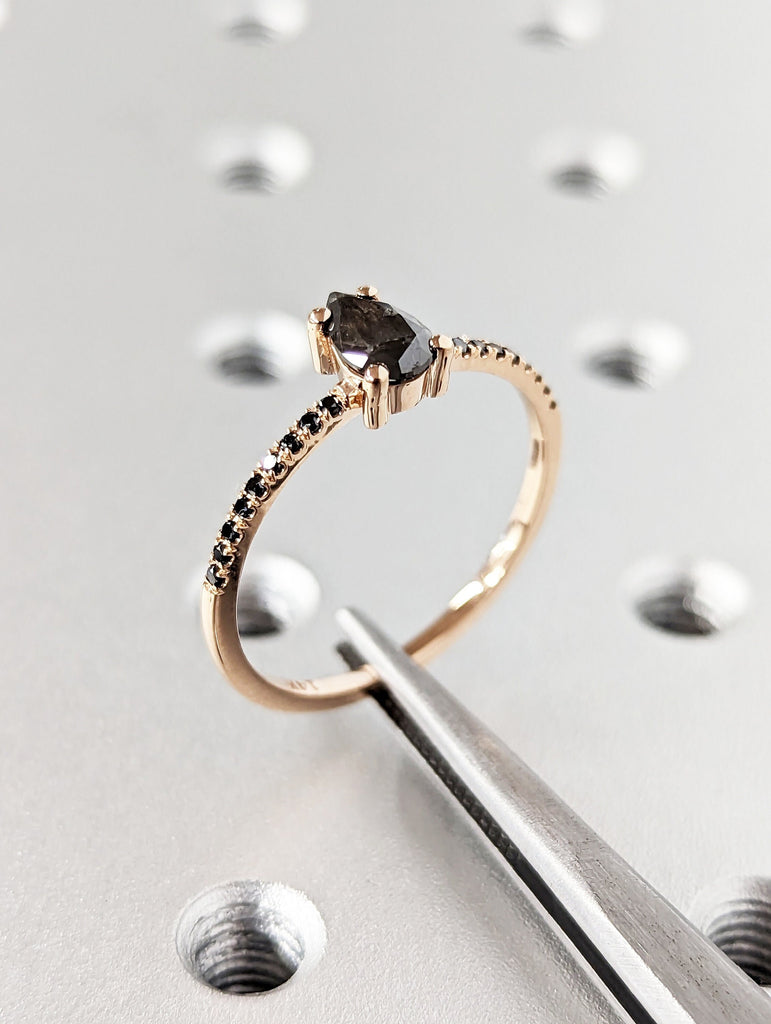 1920's Raw Salt and Pepper Diamond, Pear Diamond Ring, Unique Engagement Bridal Set, Black, Gray Pear, 14k Yellow, Rose, Black or White Gold