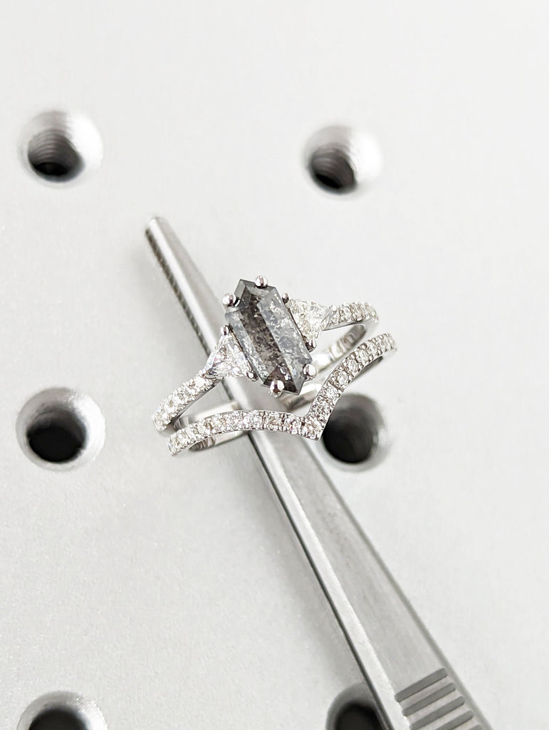 Raw Diamond Hexagon Triangle Diamond, Salt and Pepper, Unique Bridal Engagement Set, Rose Cut Geometric Diamond Ring, Custom Handmade