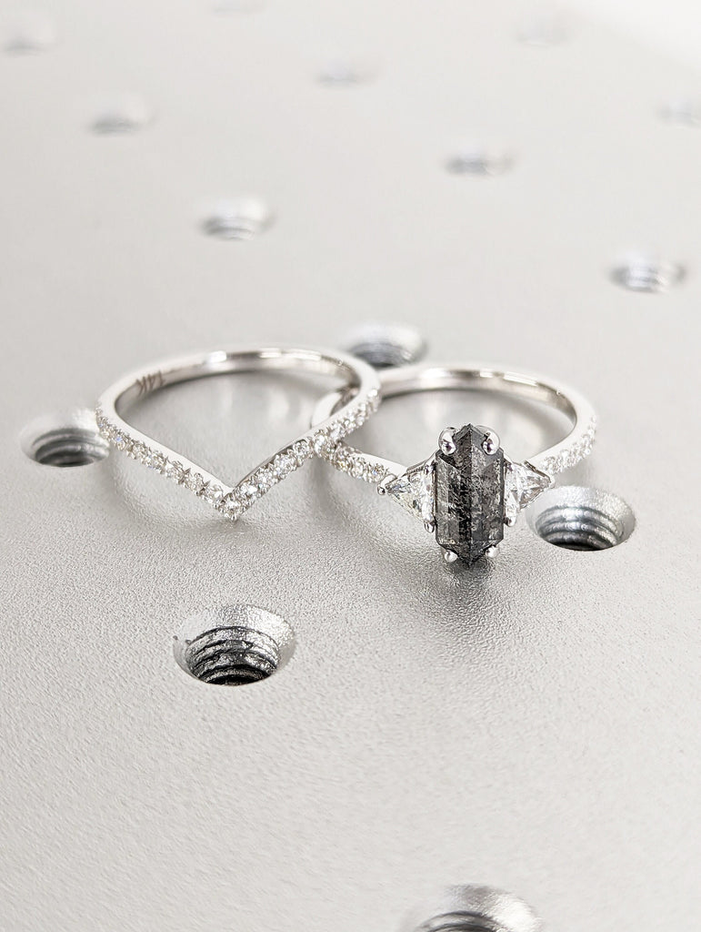 Raw Diamond Hexagon Triangle Diamond, Salt and Pepper, Unique Bridal Engagement Set, Rose Cut Geometric Diamond Ring, Custom Handmade