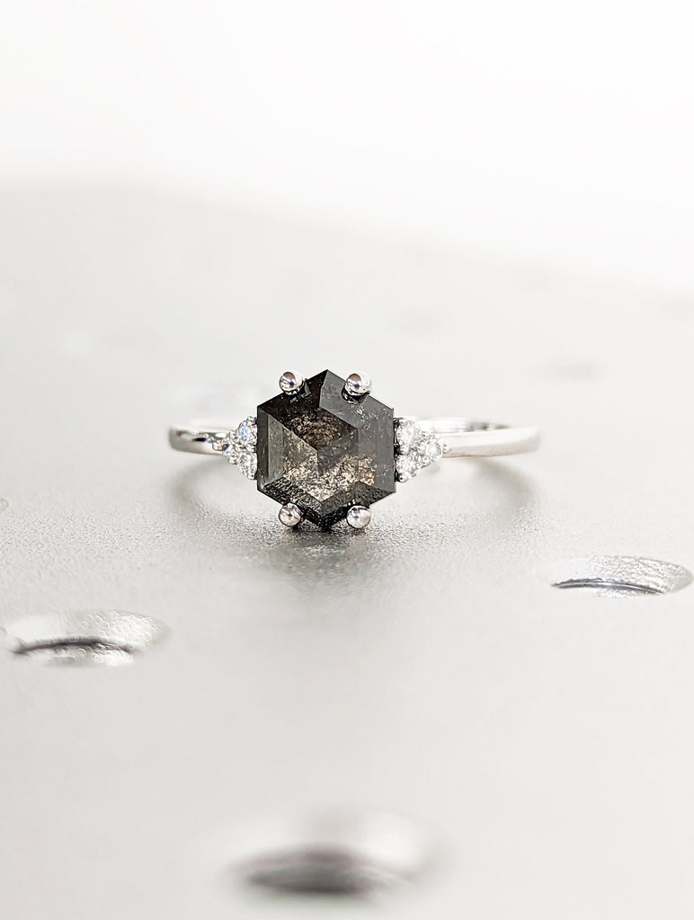 Raw Diamond Hexagon Shaped Diamond, Salt and Pepper, Plain Unique Bridal Engagement Set, Rose Cut Geometric Diamond Ring, Custom Handmade