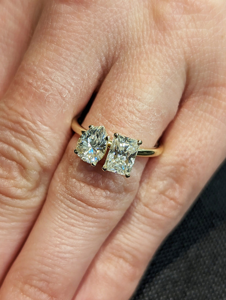 1 Carat Double Stone Engagement Ring Pear Cut and Radiant Cut Moissanite Two Stone Wedding Ring 14K White Yellow Rose Black Gold Unique Ring