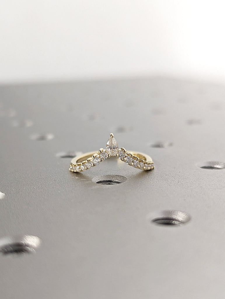 Pear shaped curved wedding band Yellow gold moissanite wedding band unique vintage diamond stacking matching wedding Bridal Gift for women