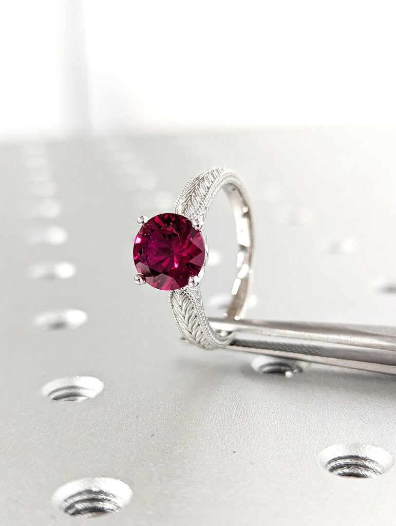 8mm Ruby Engagement Ring, 18k White Gold Maribel Hand Engraved Ruby Vintage Ring, Vintage Ruby Ring, Engraved Unique Ruby Engagement Ring