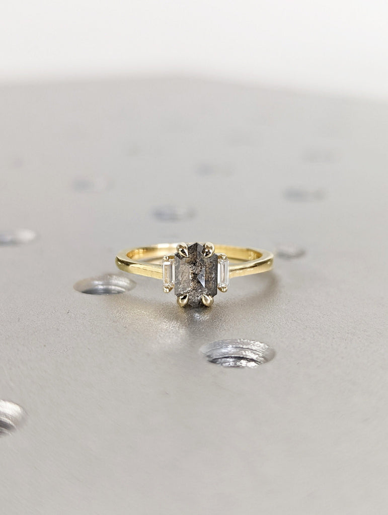 Raw Diamond Hexagon Baguette Diamond, Salt and Pepper, Unique Engagement Ring, Rose Cut Geometric Diamond Ring, 14k Gold, Custom Handmade