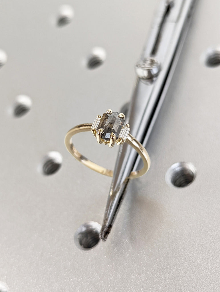 Raw Diamond Hexagon Baguette Diamond, Salt and Pepper, Unique Engagement Ring, Rose Cut Geometric Diamond Ring, 14k Gold, Custom Handmade