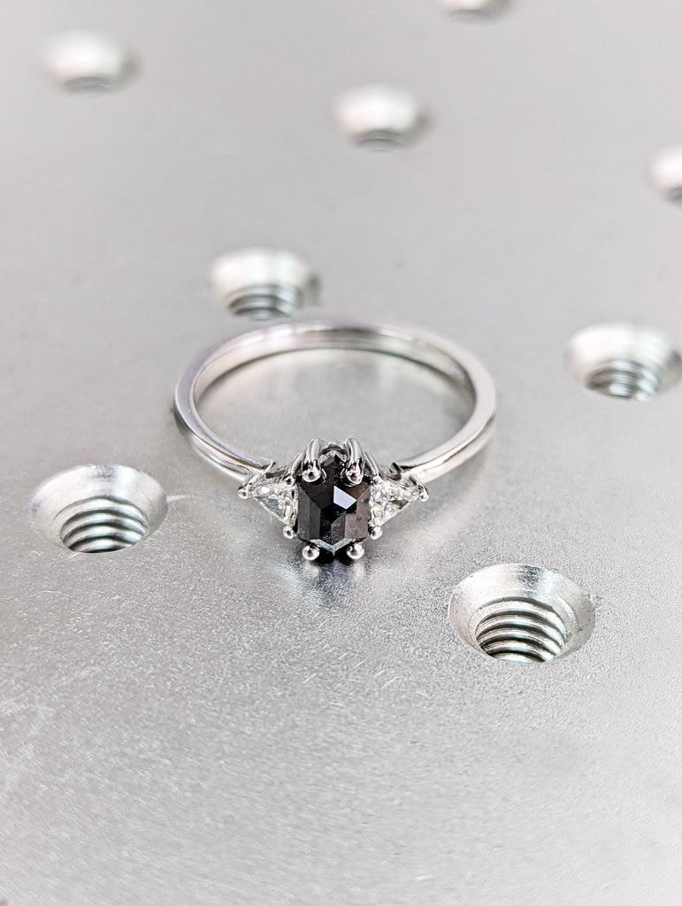 Raw Diamond Hexagon Triangle Diamond, Salt and Pepper, Plain Unique Bridal Engagement Set, Rose Cut Geometric Diamond Ring, Custom Handmade