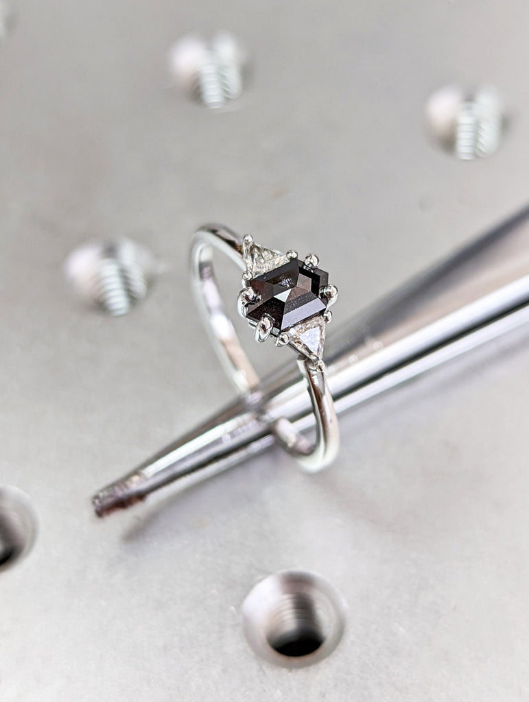 Raw Diamond Hexagon Triangle Diamond, Salt and Pepper, Plain Unique Bridal Engagement Set, Rose Cut Geometric Diamond Ring, Custom Handmade
