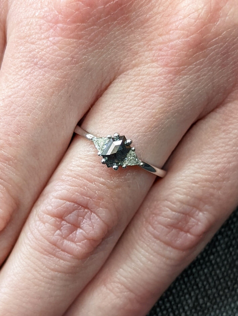 Raw Diamond Hexagon Triangle Diamond, Salt and Pepper, Plain Unique Bridal Engagement Set, Rose Cut Geometric Diamond Ring, Custom Handmade