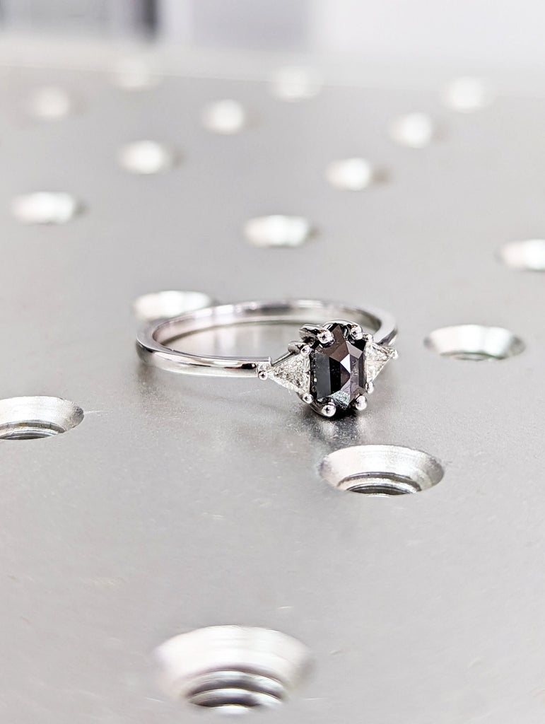 Raw Diamond Hexagon Triangle Diamond, Salt and Pepper, Plain Unique Bridal Engagement Set, Rose Cut Geometric Diamond Ring, Custom Handmade