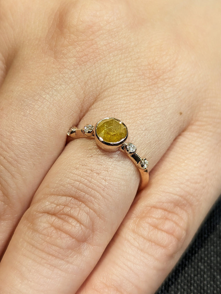 Unique Engagement Ring Rose Cut Diamond Round Ring, Vintage Brown Rose Cut Diamond Ring, Brown Round Rose Cut 14k Gold Non Traditional Ring