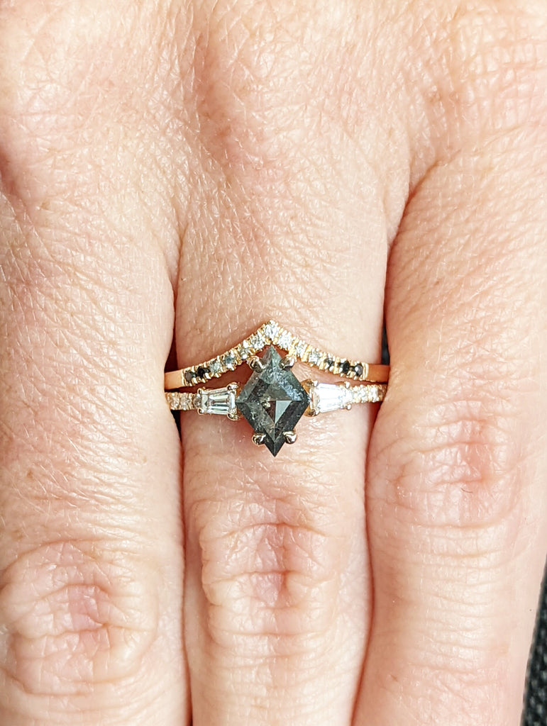 1Ct Kite Rhombus Cut Wedding Set in Rose Gold , Salt and Pepper Bridal Set, Salt and pepper Kite Cut Bridal Set, Vintage Diamond bridal Set