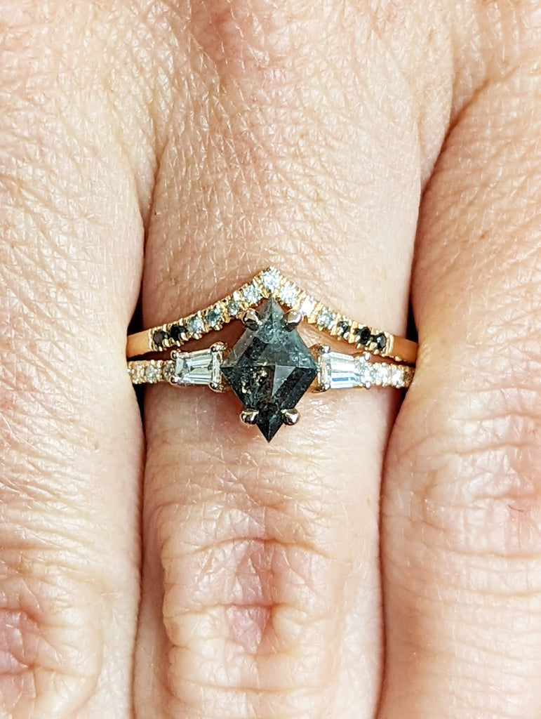 1Ct Kite Rhombus Cut Wedding Set in Rose Gold , Salt and Pepper Bridal Set, Salt and pepper Kite Cut Bridal Set, Vintage Diamond bridal Set