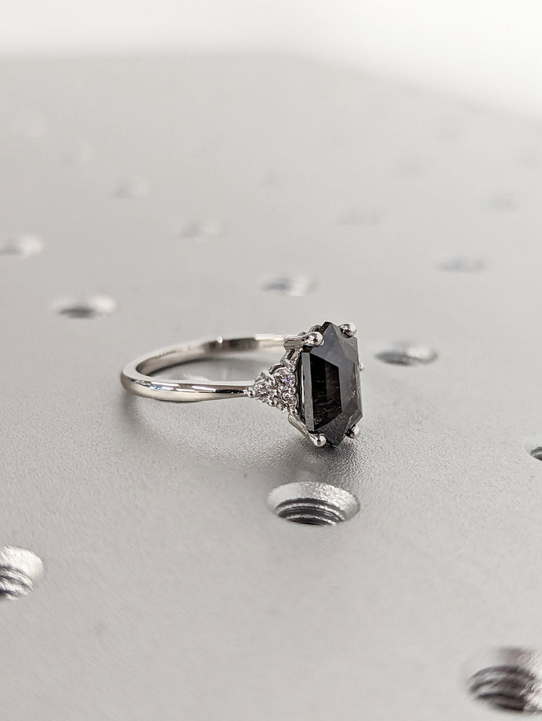 Raw Diamond Hexagon Round Diamond, Salt and Pepper, Unique Engagement Ring, Rose Cut Geometric Diamond Ring, 14k Gold, Custom Handmade