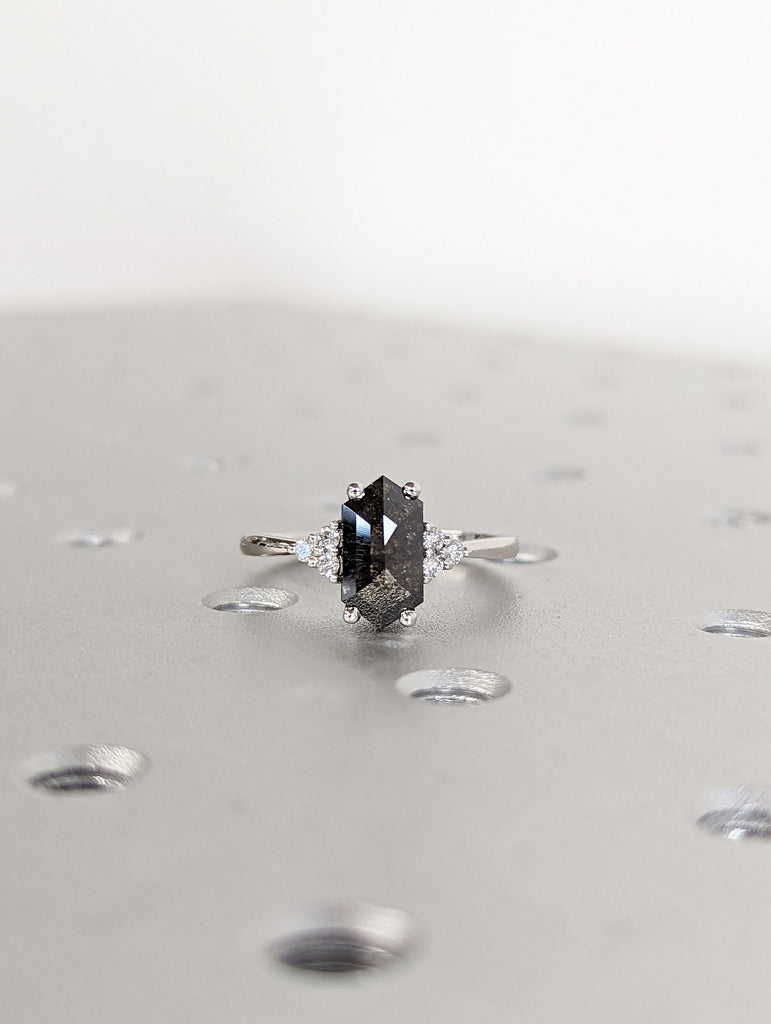 Raw Diamond Hexagon Round Diamond, Salt and Pepper, Unique Engagement Ring, Rose Cut Geometric Diamond Ring, 14k Gold, Custom Handmade
