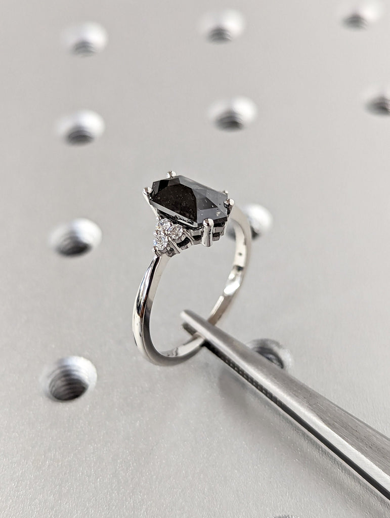 Raw Diamond Hexagon Round Diamond, Salt and Pepper, Unique Engagement Ring, Rose Cut Geometric Diamond Ring, 14k Gold, Custom Handmade