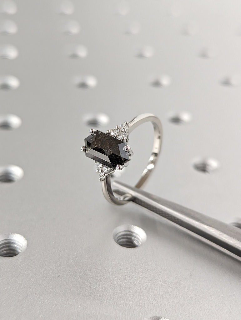 Raw Diamond Hexagon Round Diamond, Salt and Pepper, Unique Engagement Ring, Rose Cut Geometric Diamond Ring, 14k Gold, Custom Handmade