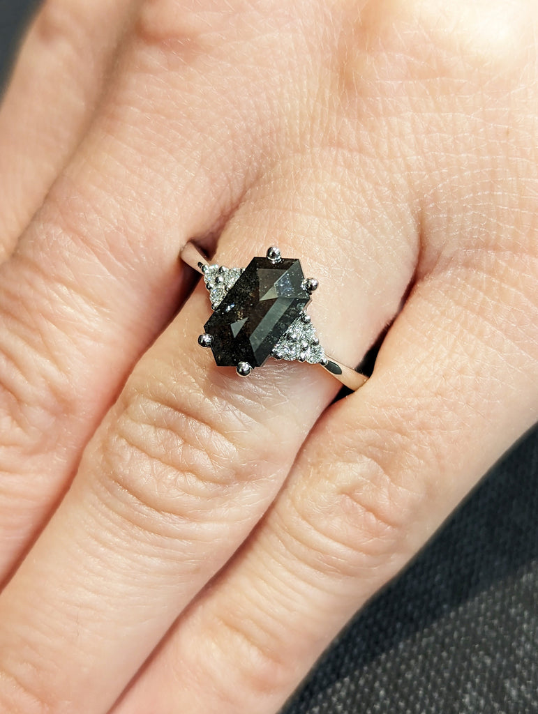 Raw Diamond Hexagon Round Diamond, Salt and Pepper, Unique Engagement Ring, Rose Cut Geometric Diamond Ring, 14k Gold, Custom Handmade