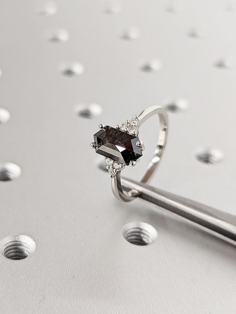 Raw Diamond Hexagon Round Diamond, Salt and Pepper, Unique Engagement Ring, Rose Cut Geometric Diamond Ring, 14k Gold, Custom Handmade