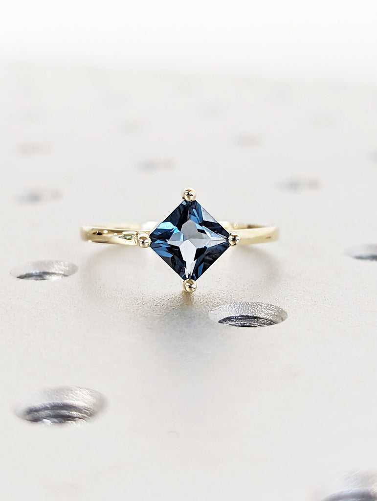 London Blue Topaz Ring - December Birthstone - Gemstone Band - Gold Ring - Engagement Ring - Princess Cut Ring - Solitaire Ring - Prong Ring