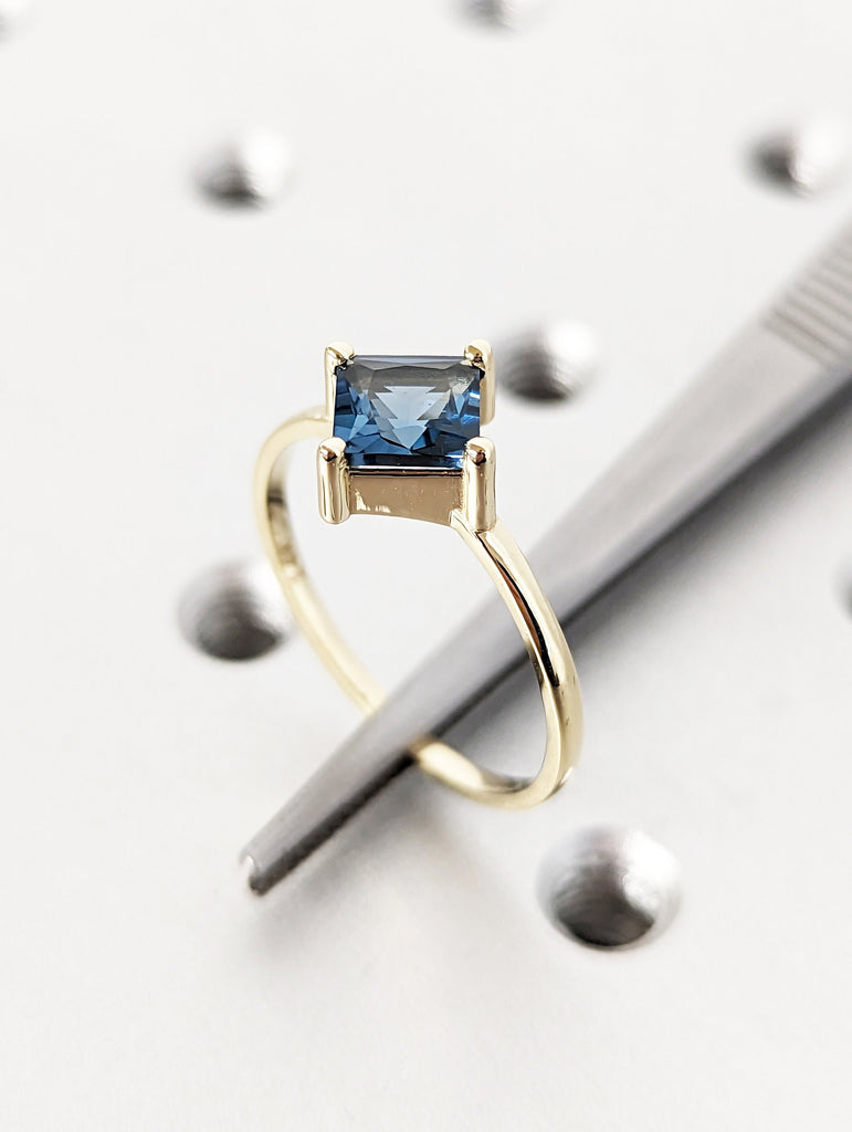 London Blue Topaz Ring - December Birthstone - Gemstone Band - Gold Ring - Engagement Ring - Princess Cut Ring - Solitaire Ring - Prong Ring