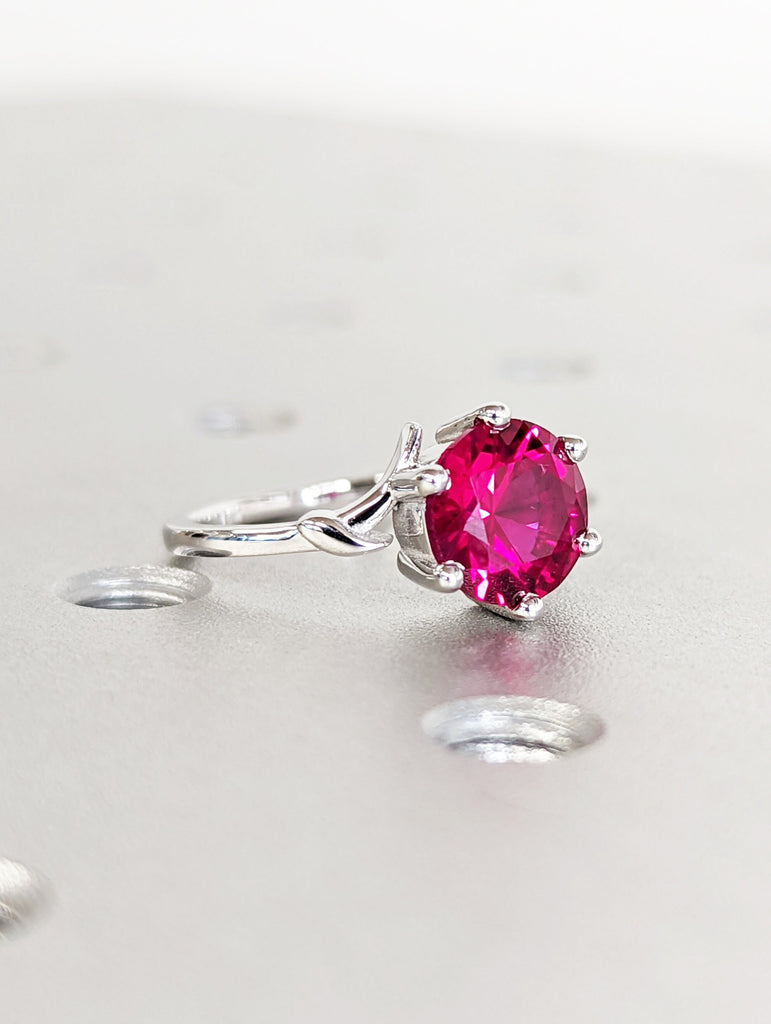 Round Ruby Ring- 14K White Gold- Ruby Engagement Ring- Lab Ruby Ring- Unique Red Gemstone Promise Ring- July Birthstone Gift For Her-Vintage