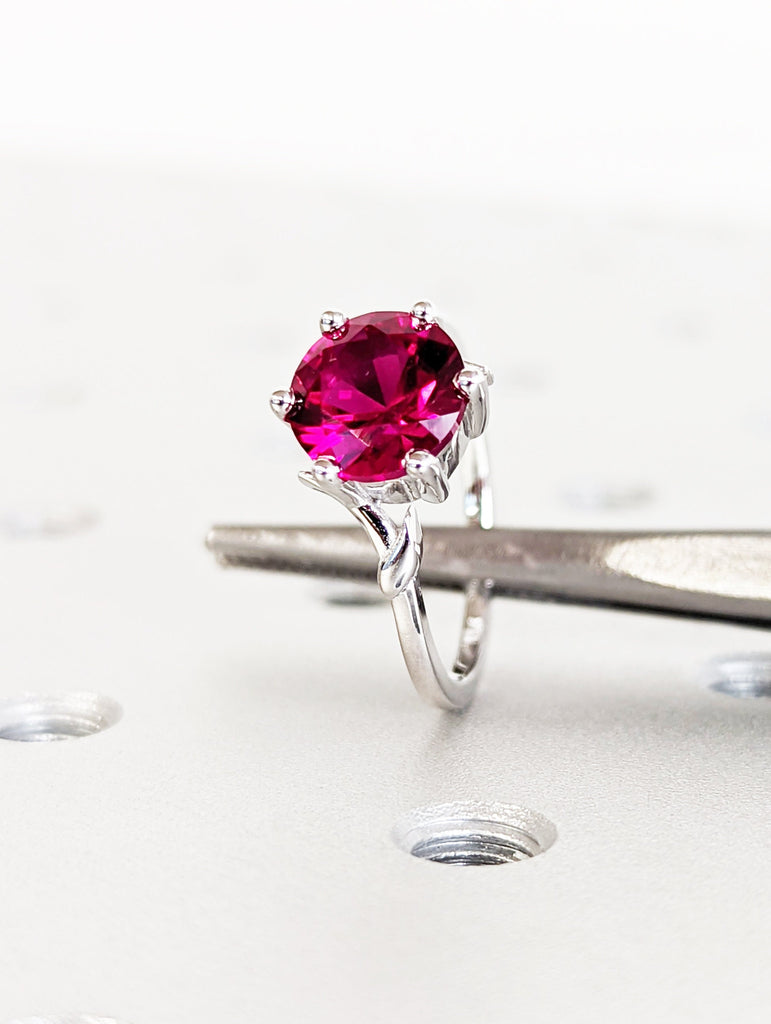 Round Ruby Ring- 14K White Gold- Ruby Engagement Ring- Lab Ruby Ring- Unique Red Gemstone Promise Ring- July Birthstone Gift For Her-Vintage