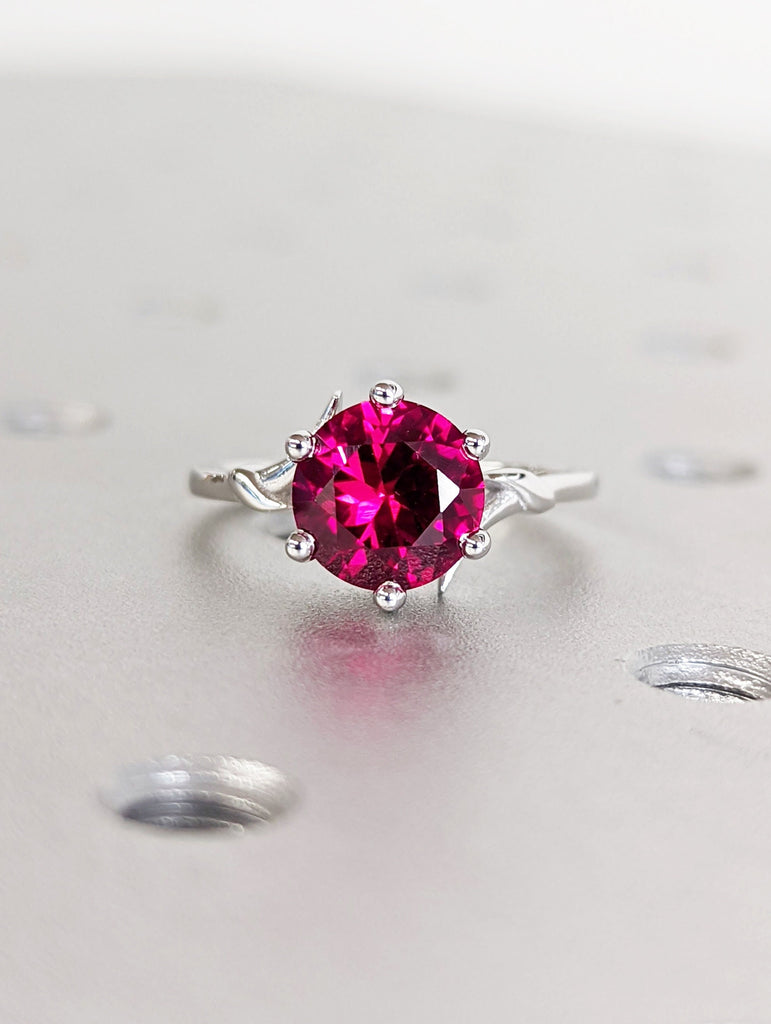 Round Ruby Ring- 14K White Gold- Ruby Engagement Ring- Lab Ruby Ring- Unique Red Gemstone Promise Ring- July Birthstone Gift For Her-Vintage