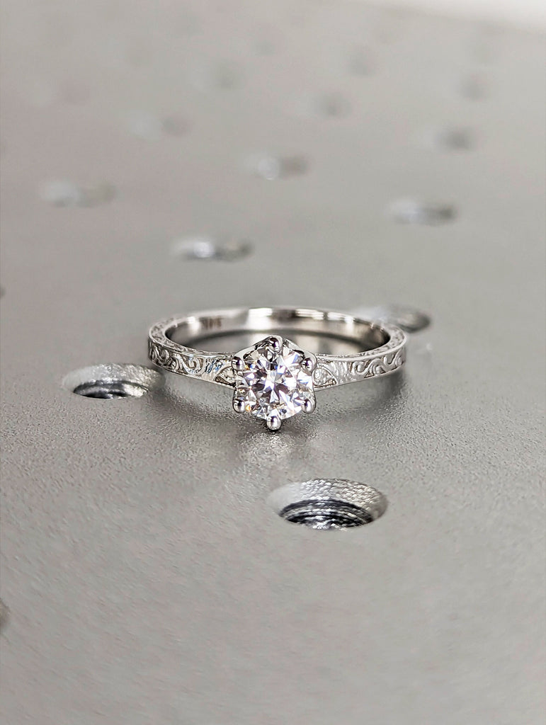 Moissanite Engagement Ring, Round Cut 0.5 Carat Moissanite Ring, Art Deco Wedding Ring, 14k White Gold, Promise Ring, Pave Accent Stack Ring