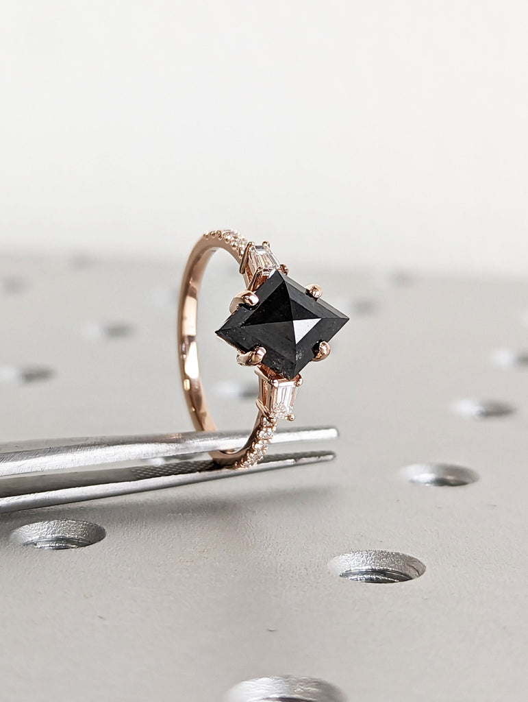 Galaxy Raw Salt and Pepper Diamond Ring- Kite Cut Diamond Engagement Ring Sets- Unique Bridal Geometric Diamond Promise Ring 14K Rose Gold