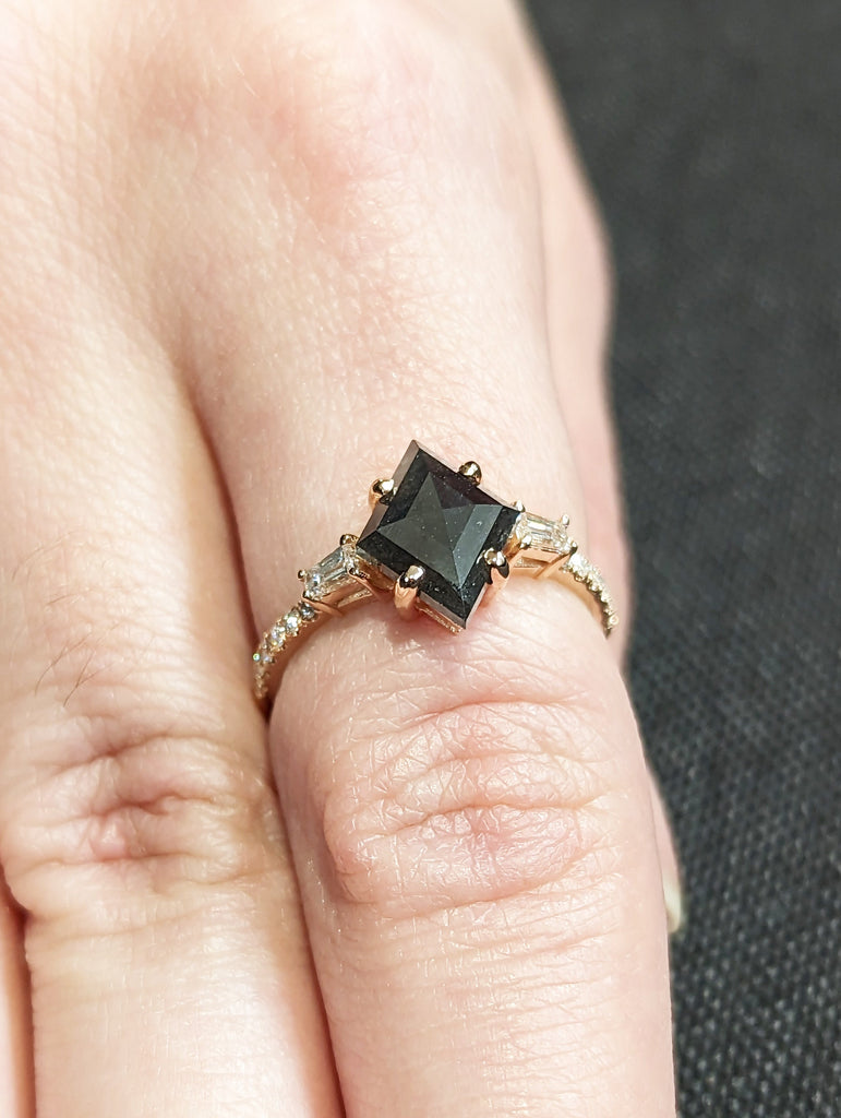 Galaxy Raw Salt and Pepper Diamond Ring- Kite Cut Diamond Engagement Ring Sets- Unique Bridal Geometric Diamond Promise Ring 14K Rose Gold