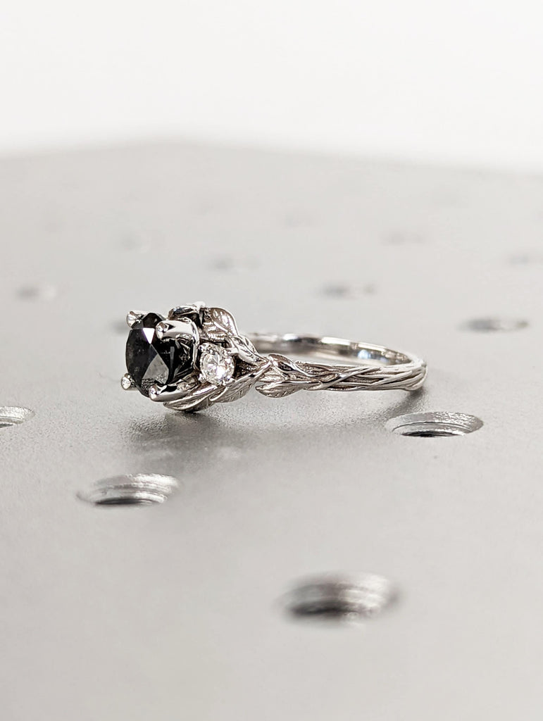 1.25 CT Salt and Pepper, Leaves Engagement Ring, 14K Gold and Diamond engagement ring, leaf ring, vintage ring, Alternative Engagement Ring