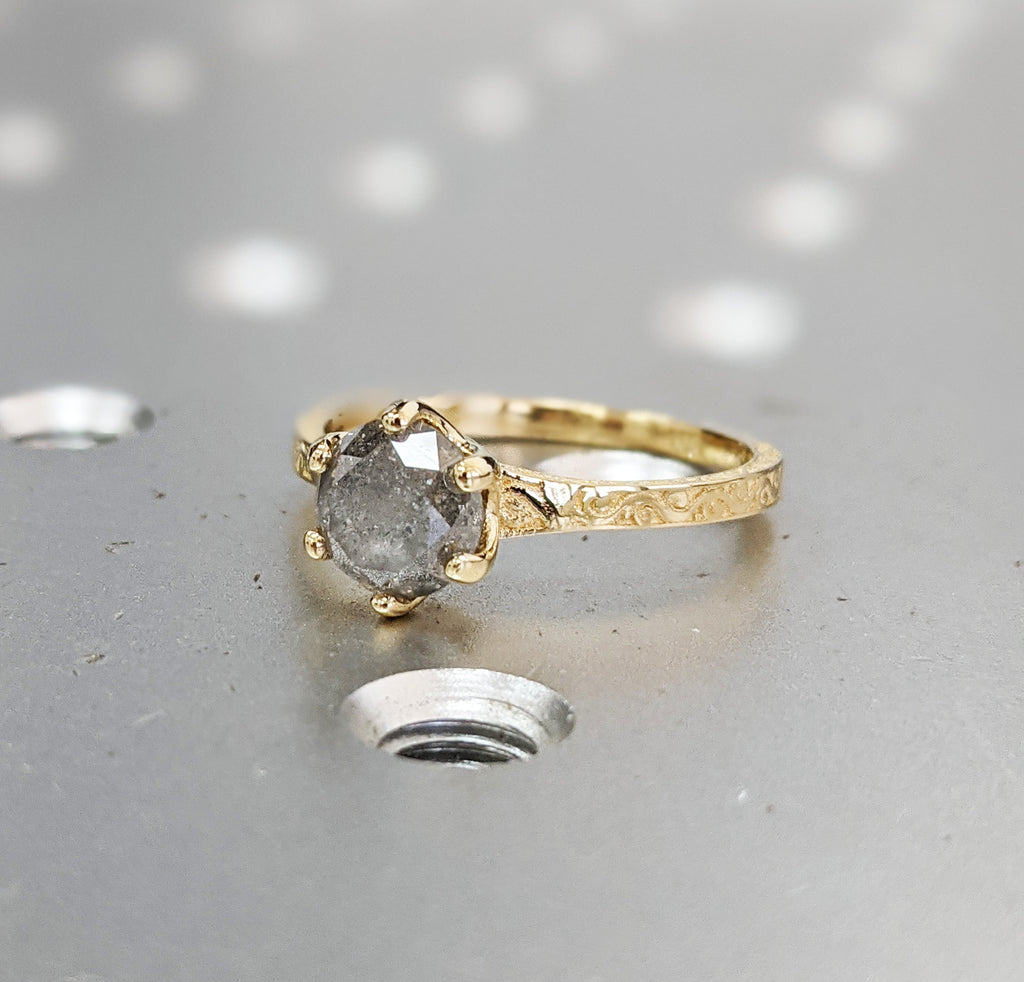 Light Raw Salt and Pepper Diamond Rose /White /Yellow Gold Engagement Ring Art Deco 1920's Inspired Thin Petite Band 18k Unique Ring for Her