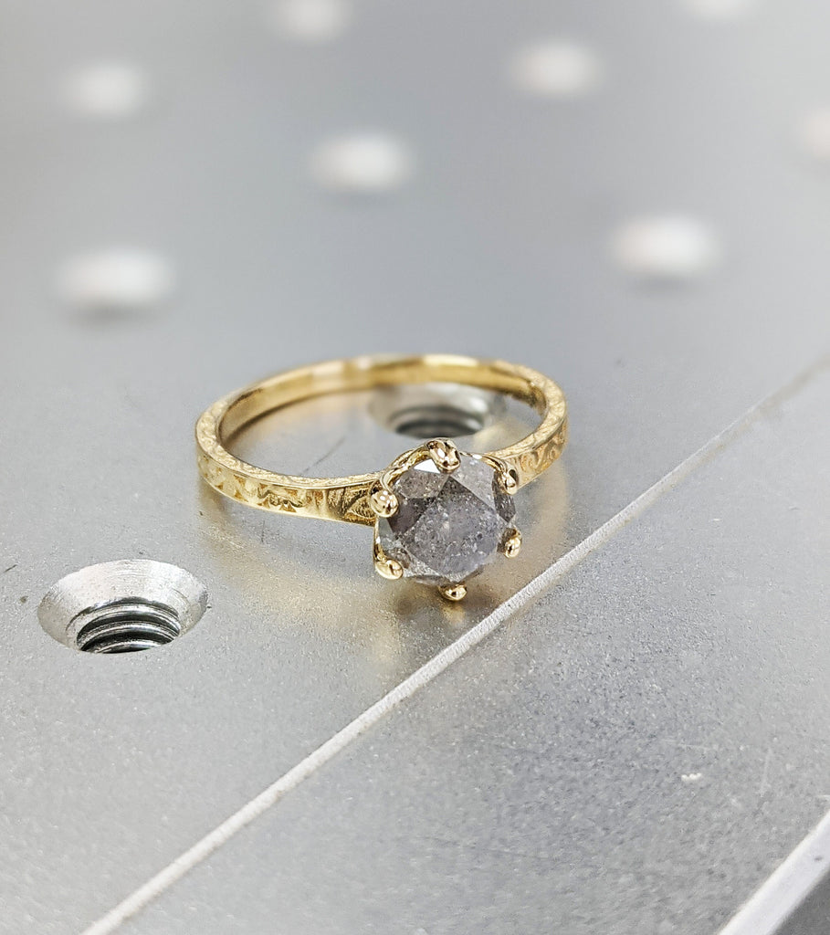 Light Raw Salt and Pepper Diamond Rose /White /Yellow Gold Engagement Ring Art Deco 1920's Inspired Thin Petite Band 18k Unique Ring for Her