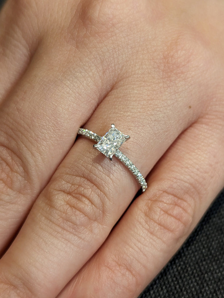 Radiant cut moissanite diamond engagement ring Unique 18k white gold engagement ring solitaire moissanite Bridal ring Anniversary ring gift